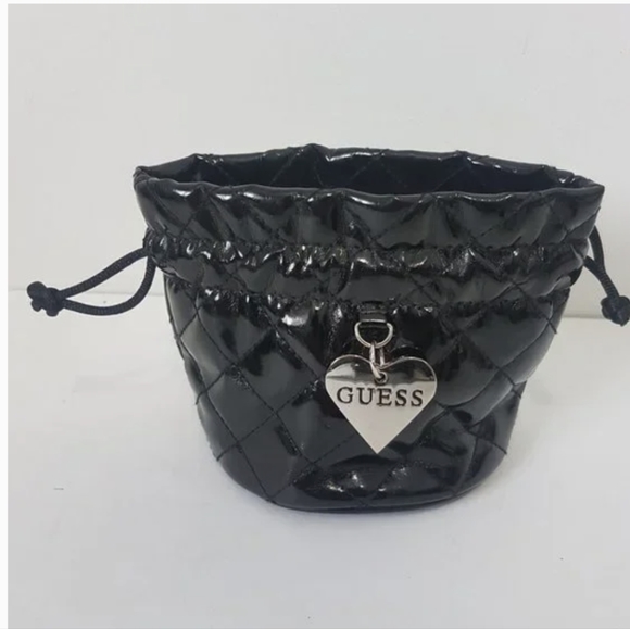2 Guess Black Quilted Faux Leather Pleather Silver Heart Drawstring mini Bag - Picture 9 of 14